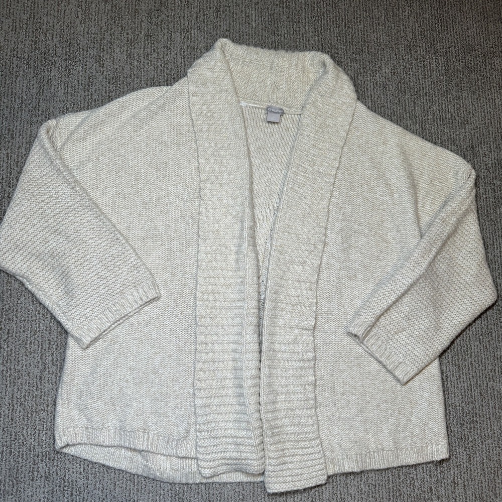 Chicos Womens 4 XXL Oversized Open Front Cardigan Sweater Cable Knit Oatmeal